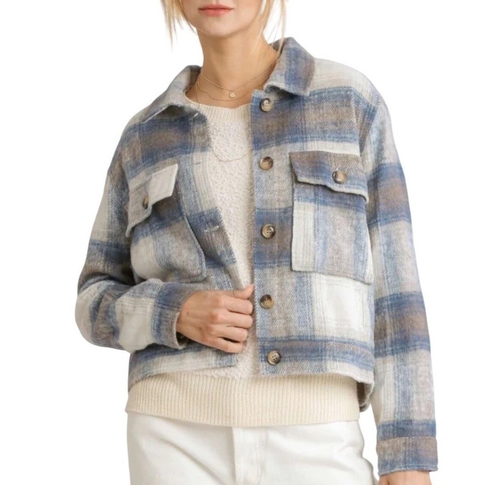 Umgee Shacket Women Small Blue Plaid Button Up Long Sleeve Cropped Jacket